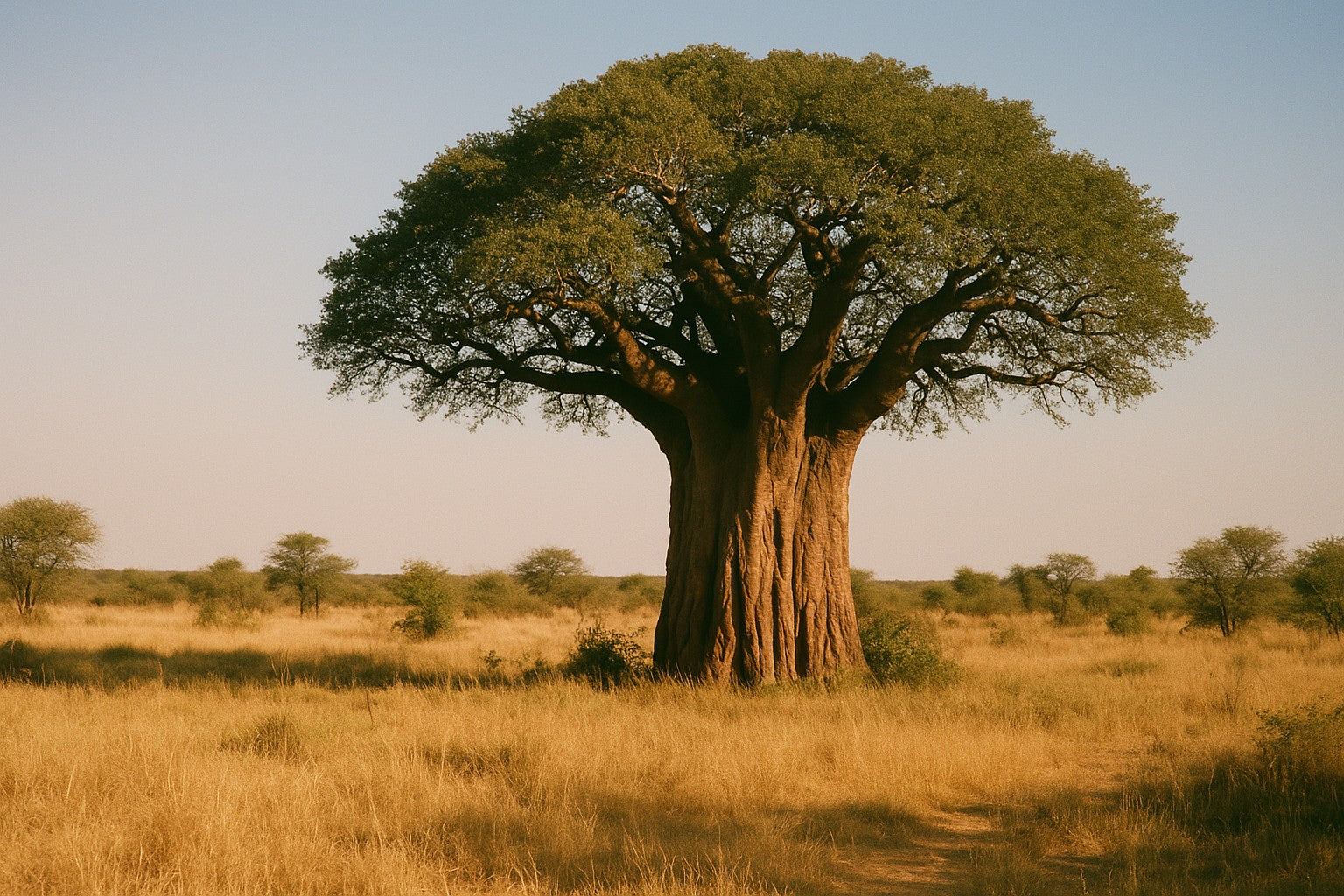 Wide shot of a lone baobab tree in a dry savannah landscape
