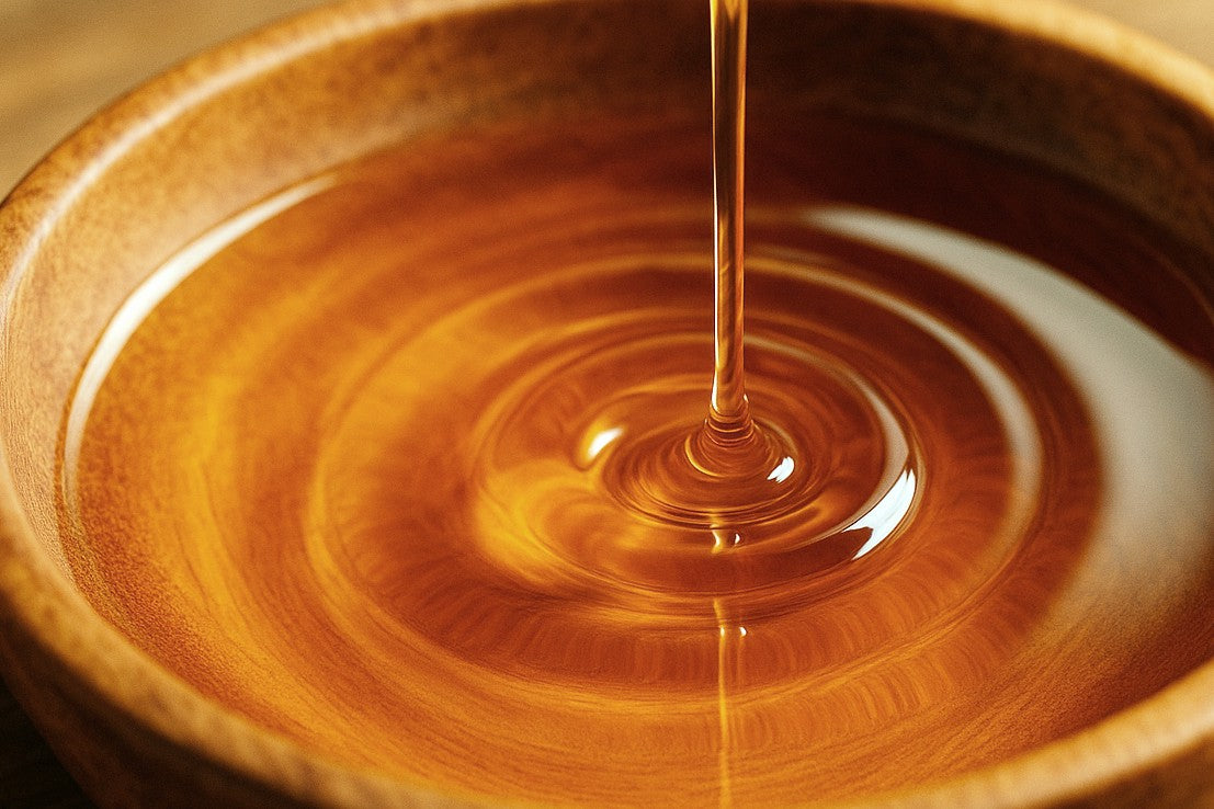 Close-up of moringa oil forming a spiral as it pours