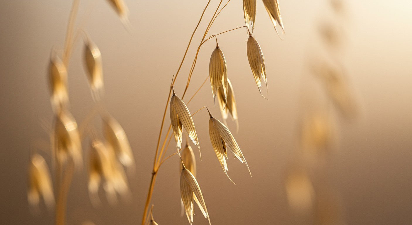 Golden oat stalks swaying in a softly lit, blurred background