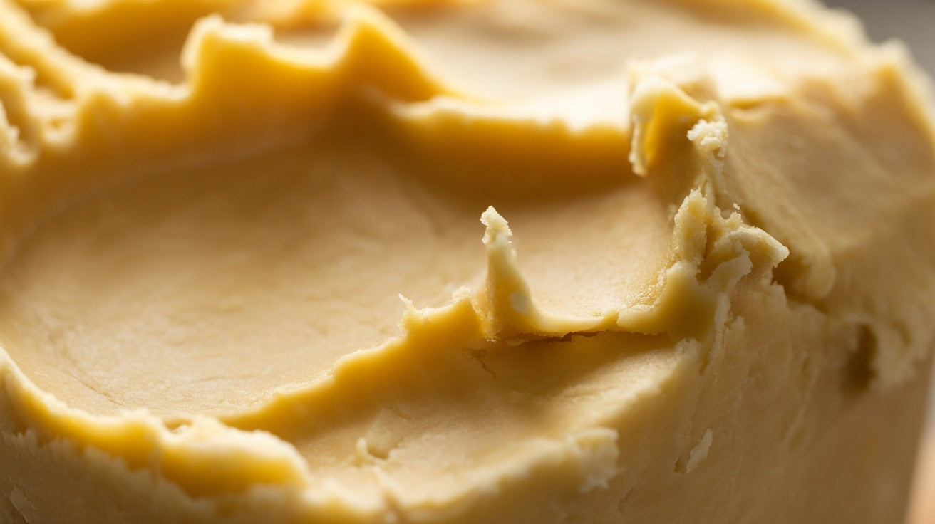 Chunky, raw yellow shea butter placed in a wooden bowl, viewed from above