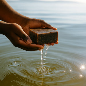 Hands holding an Elija’s Nature Black Soap Bar above calm water, with droplets falling and soft ripples forming on the surface