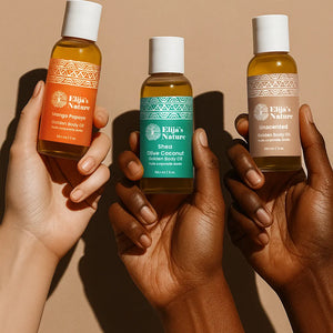 Heavenly Trio Gift Set - #size_2oz - Three hands of different skin tones holding Elija’s Nature mini body oils: Mango Papaya, Olive Coconut, and Unscented against a beige backdrop