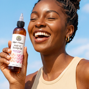 Hair N' Scalp Oil - #size_8oz - Woman with braided hair smiling and holding Elija’s Nature Hair & Scalp Oil bottle in front of a blue sky
