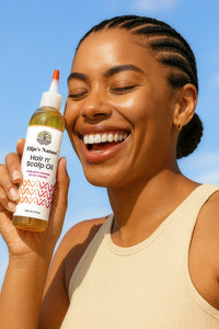 Hair N' Scalp Oil - #size_8oz - Woman with braided hair smiling and holding Elija’s Nature Hair & Scalp Oil bottle in front of a blue sky