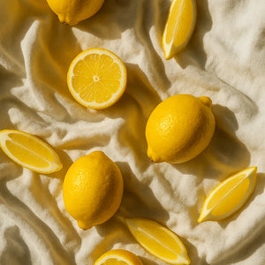 #scent_Lemon Blossom - Scattered fresh lemons and lemon halves arranged on soft beige fabric to evoke a bright citrus scent