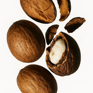 #scent_Unscented - Close-up of whole and cracked shea nuts, revealing the raw shea butter inside